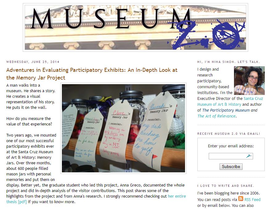 Screen Cap from Nina Simon's Blog at https://museumtwo.blogspot.com